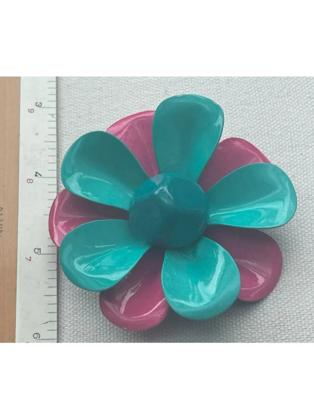 Vtg Flower Power Enamel Brooch Teal & Hot Pink Layered Petals Retro Mod MCM Desi